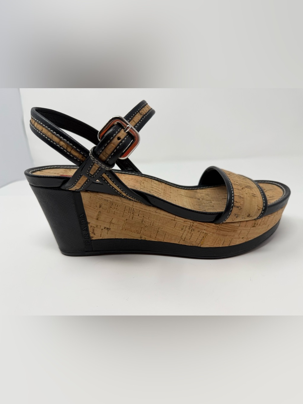 Prada Black Leather and Cork Wedge Sandals 40